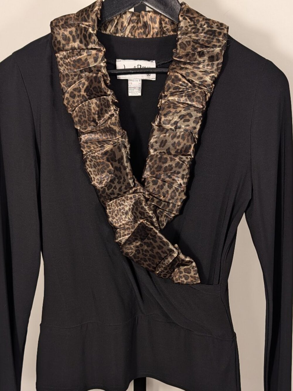 Joseph Ribkoff Black Jersey Top | Statement Leopard Ruffle Collar | Sz 8